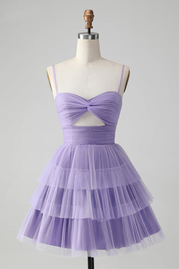 Cute Purple A Line Spaghetti stropper Tylle Tiered Short Homecoming Dress